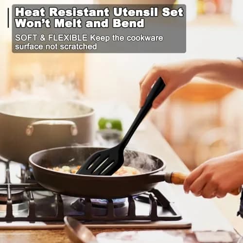 E-far 10-Piece Black Silicone Cooking Utensils Set | Heat Resistant to 450°F, Non-Stick Safe, Dishwasher Safe thumbnail 5
