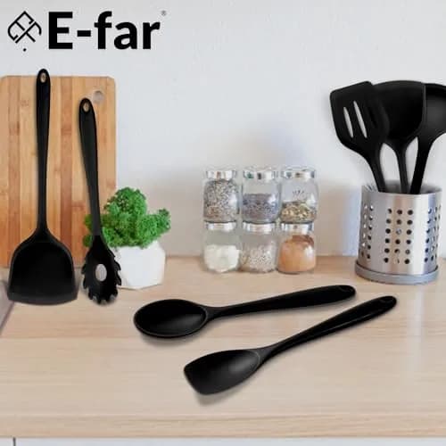 E-far 10-Piece Black Silicone Cooking Utensils Set | Heat Resistant to 450°F, Non-Stick Safe, Dishwasher Safe thumbnail 7