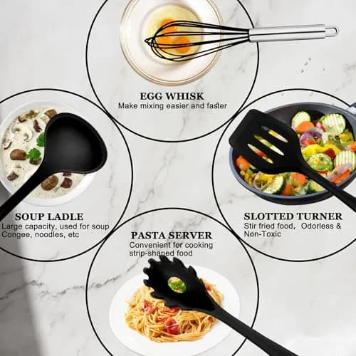 E-far 10-Piece Black Silicone Cooking Utensils Set | Heat Resistant to 450°F, Non-Stick Safe, Dishwasher Safe thumbnail 3