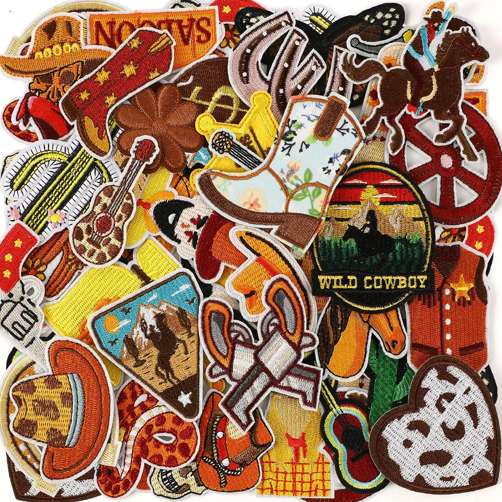 AUGSUN 60Pcs Western Iron On Patches | Brown Embroidered Sew Applique Set (60-Piece)