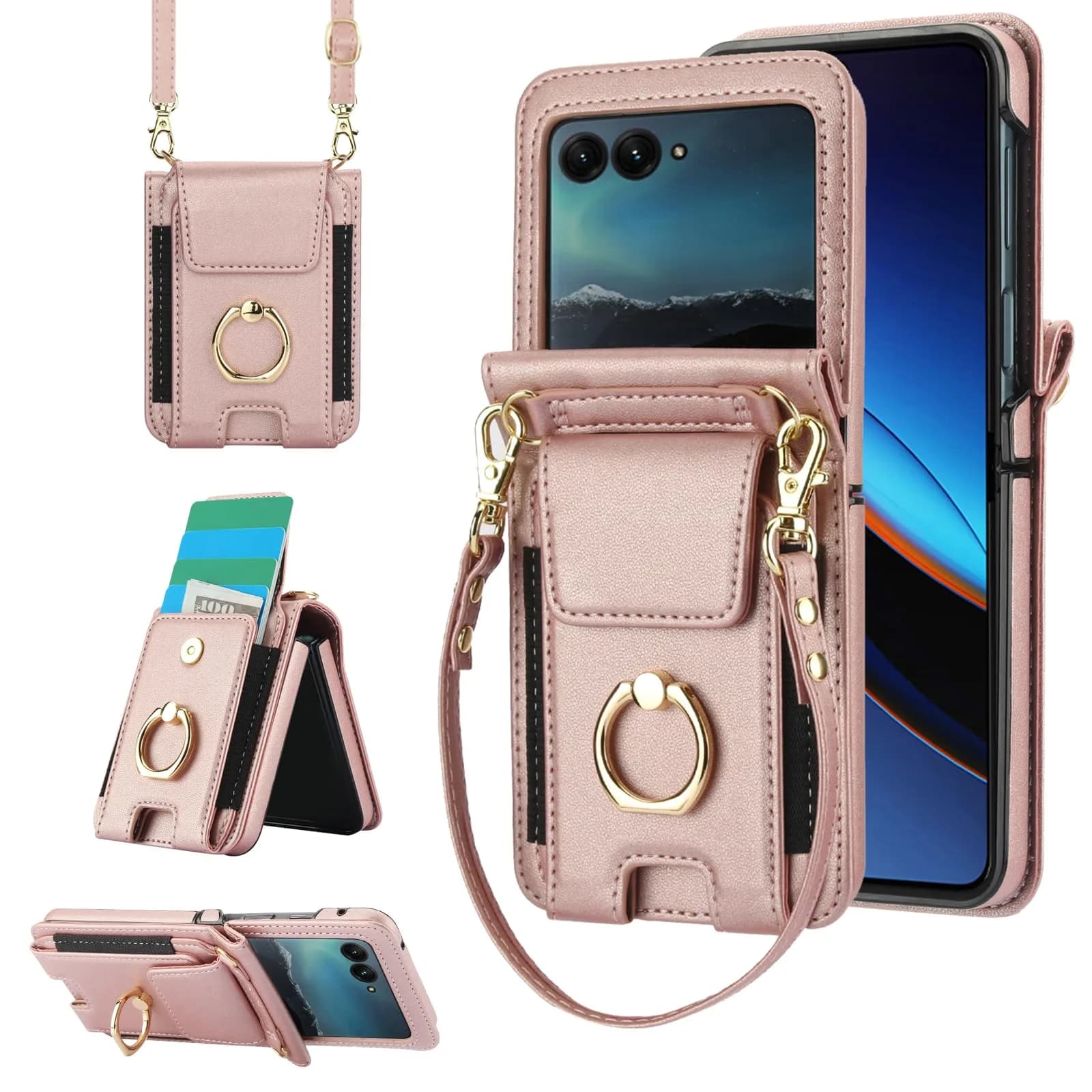 Asuwish Phone Case for Motorola Razr 50 Ultra/Razr+ 2024/Razr Plus 2024 | Wallet Cover with Ring & Strap (80-120c) — Pink