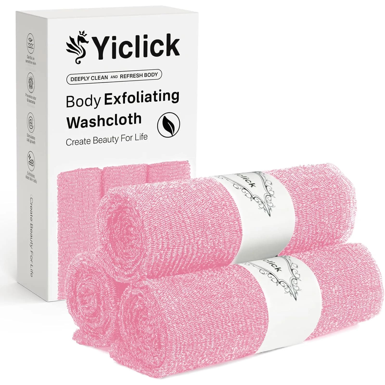 Yiclick Exfoliating Washcloth Towel 3-Pack | Gentle yet Effective Body Exfoliation for Smooth Skin — Pink