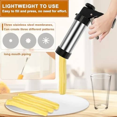 bigjvbfv Stainless Steel Churro Maker Machine with 3 Tips & Filling Injector | Heavy Duty Cookie Press Gun Kit for DIY Hollow Churros & Spanish Desserts thumbnail 3