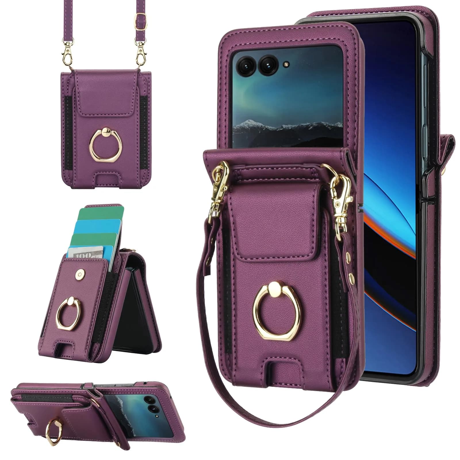 Asuwish Phone Case for Motorola Razr 50 Ultra/Razr+ 2024/Razr Plus 2024 | Wallet Cover with Ring & Strap (80-120c) — Dark Purple
