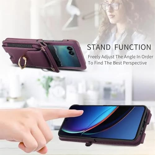 Asuwish Cellular Phone Case for Motorola Razr 50 Ultra/Razr+ 2024/Dark Purple | Wallet Cover with Ring & Strap thumbnail 4