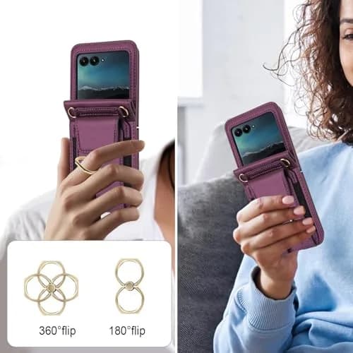 Asuwish Cellular Phone Case for Motorola Razr 50 Ultra/Razr+ 2024/Dark Purple | Wallet Cover with Ring & Strap thumbnail 5