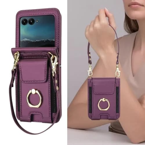 Asuwish Cellular Phone Case for Motorola Razr 50 Ultra/Razr+ 2024/Dark Purple | Wallet Cover with Ring & Strap thumbnail 7