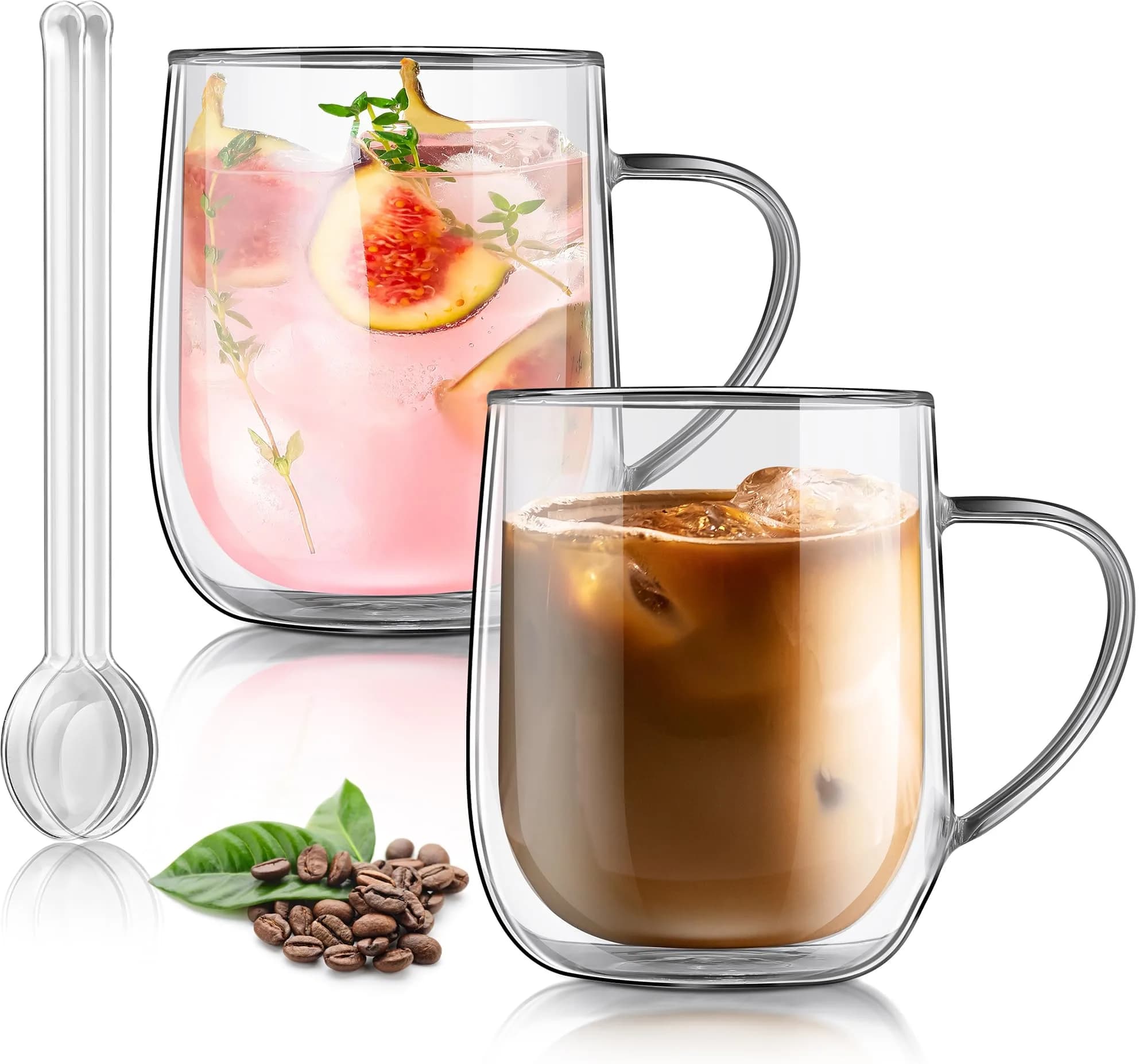 Joeyan Large Clear Double Walled Glass Coffee Mug 450ml | Borosilicate Material, Insulated & Durable — 400ml-Clear with handle
