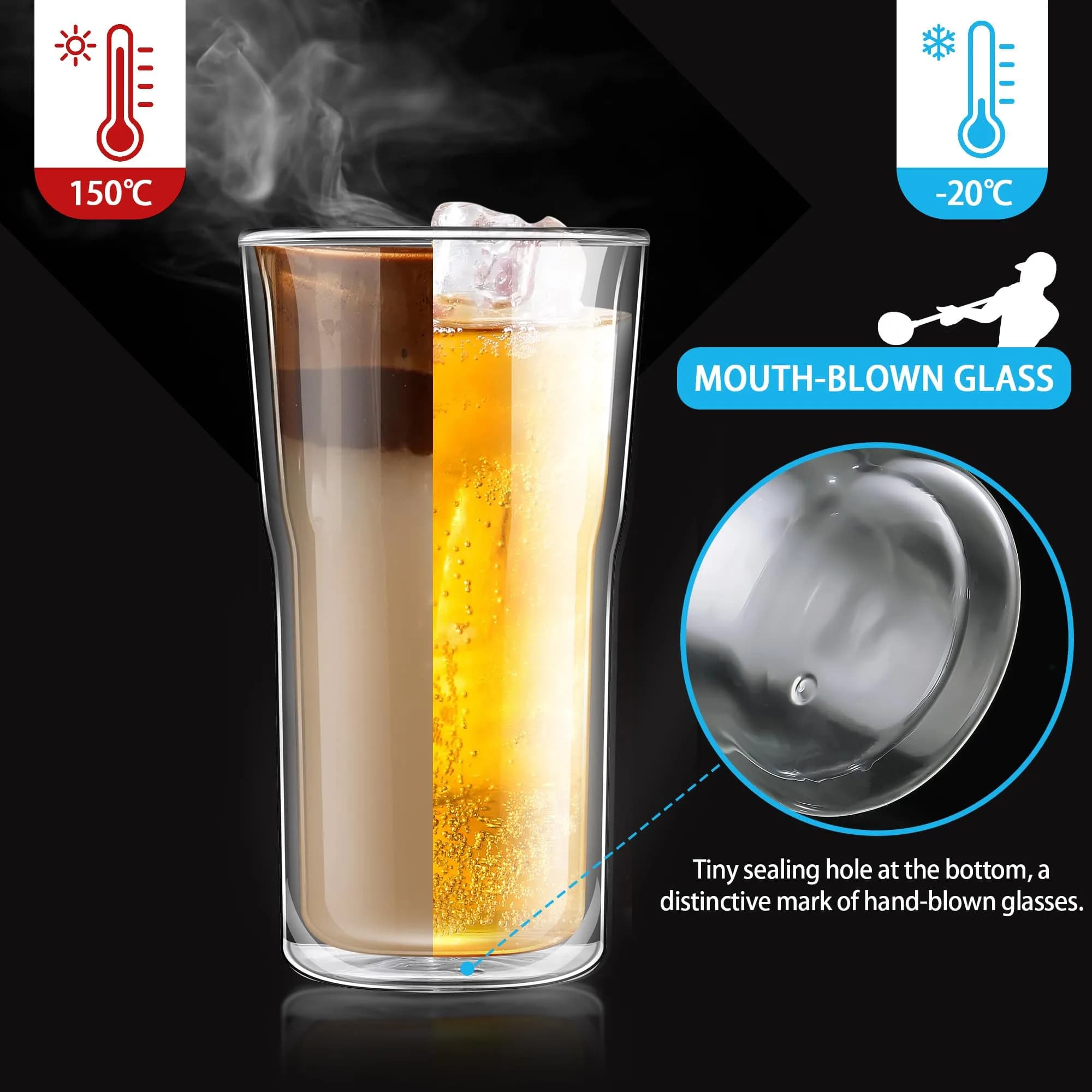 Joeyan Double Walled Beer Drinking Glasses Tumbler 500ml | Borosilicate Material, Keeps Drinks Hot & Cold thumbnail 5