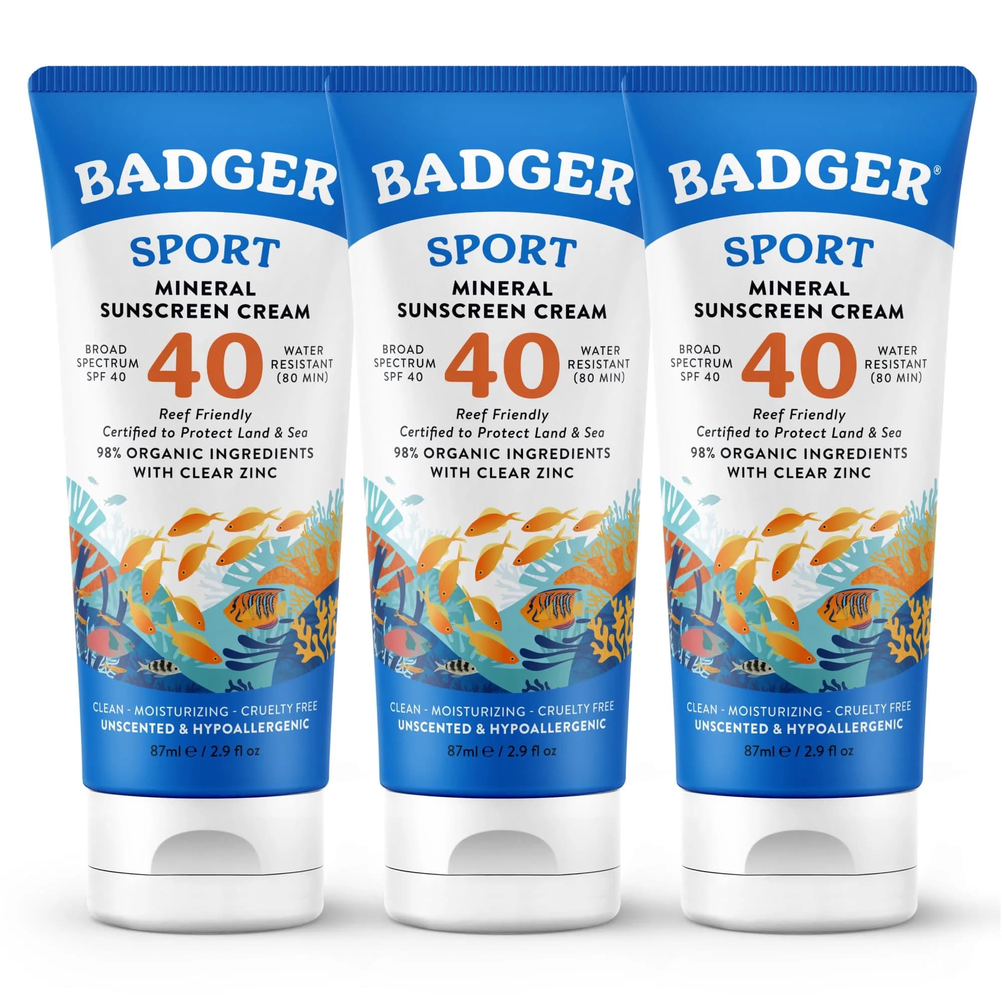 Badger Sport Mineral Sunscreen SPF 40 - Reef Safe, 98% Organic, Zinc Oxide, Water Resistant, 3 x 82g (2.9 fl oz) | For Sports & Adventures - main product image
