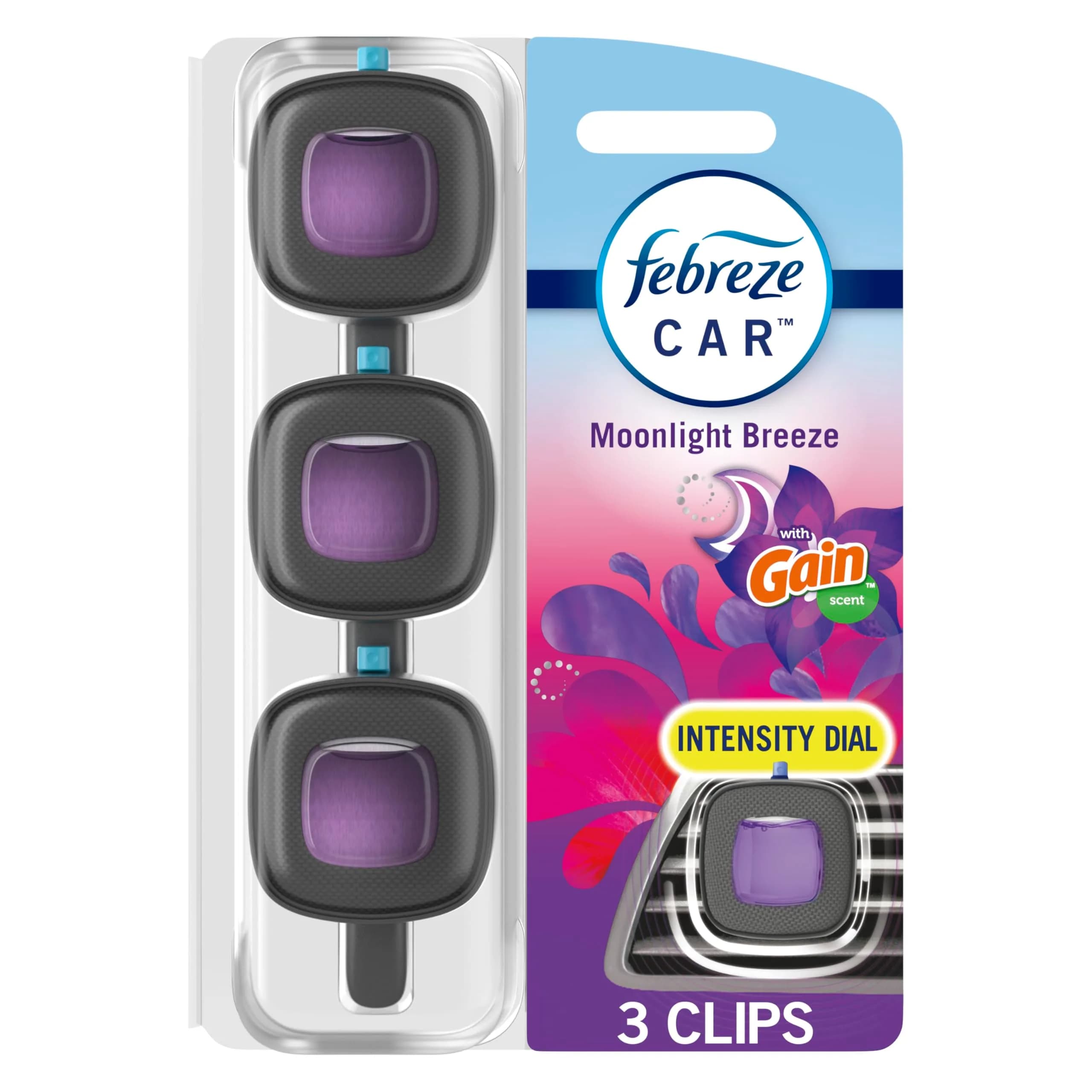 Febreze Car Vent Clip Gain Moonlight Breeze Scent 0.06 Fl Oz (Pack of 3) | Long-lasting freshness for Indian cars
