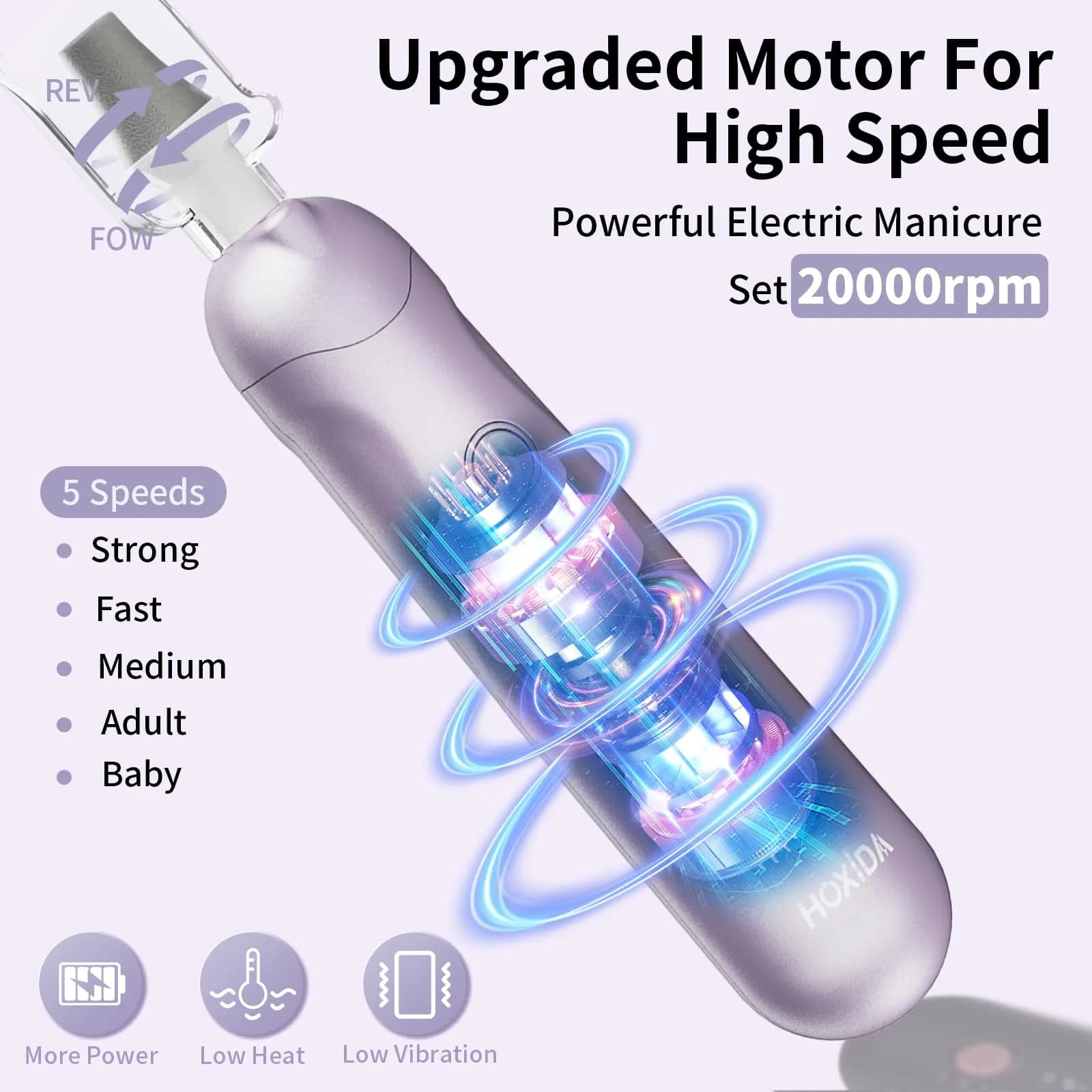 Hoxida Professional Cordless Electric Nail Drill Set with 9 Bits & 100 Bands, Rechargeable 20,000 RPM, Purple | Salon-Quality Manicure & Pedicure Tool - view 3