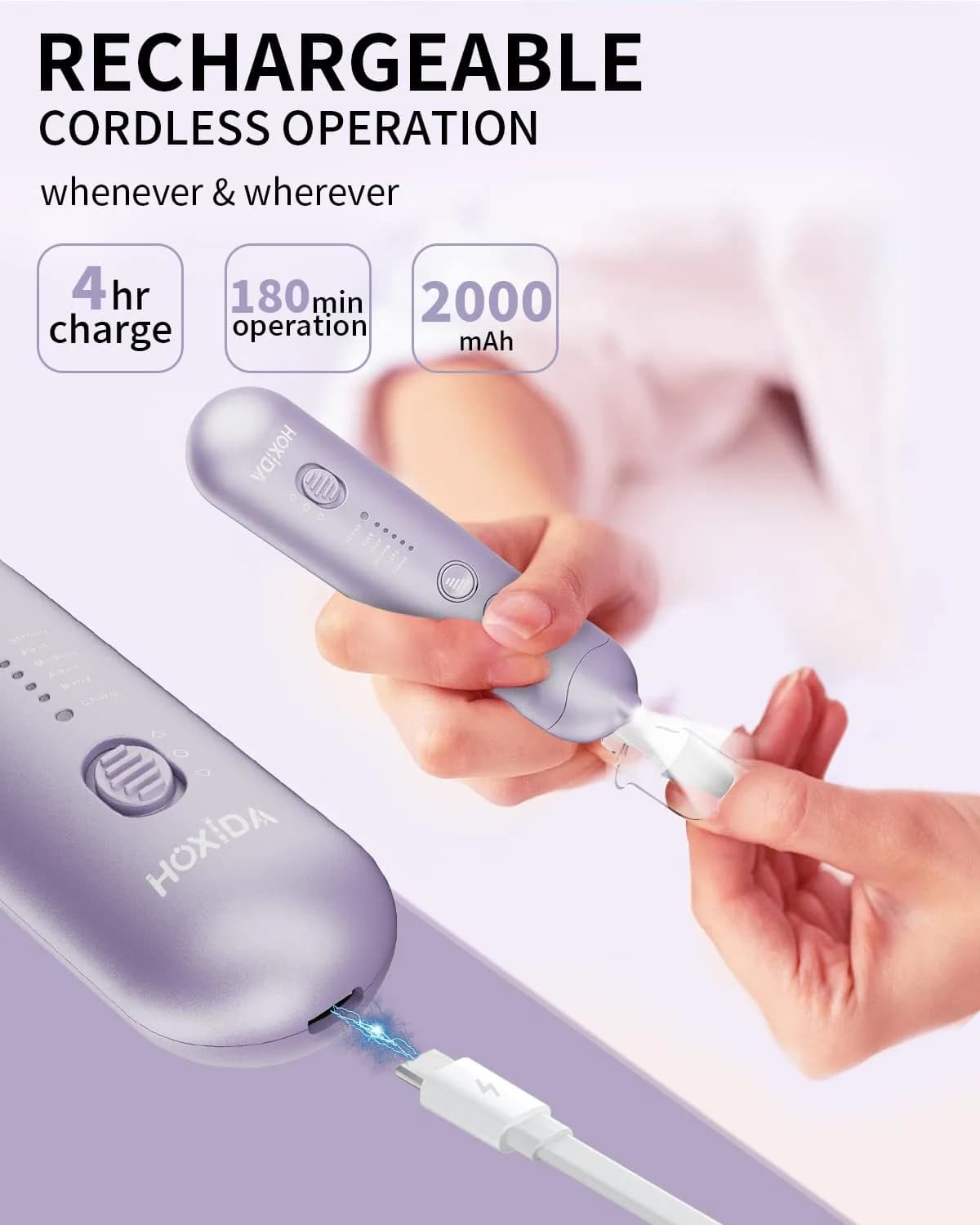 Hoxida Professional Cordless Electric Nail Drill Set with 9 Bits & 100 Bands, Rechargeable 20,000 RPM, Purple | Salon-Quality Manicure & Pedicure Tool - view 4