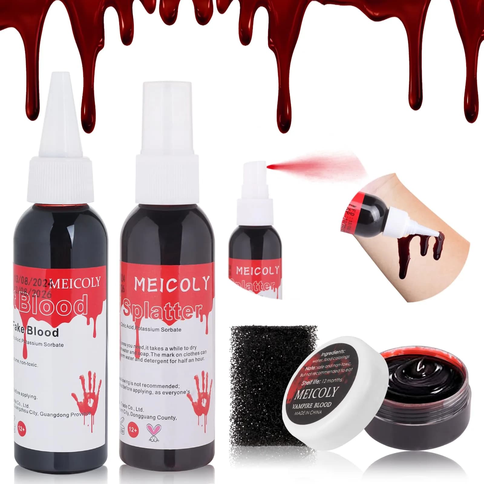MEICOLY Fake Blood Kit with Sponge - Realistic SFX Makeup for Halloween Cosplay - main product image