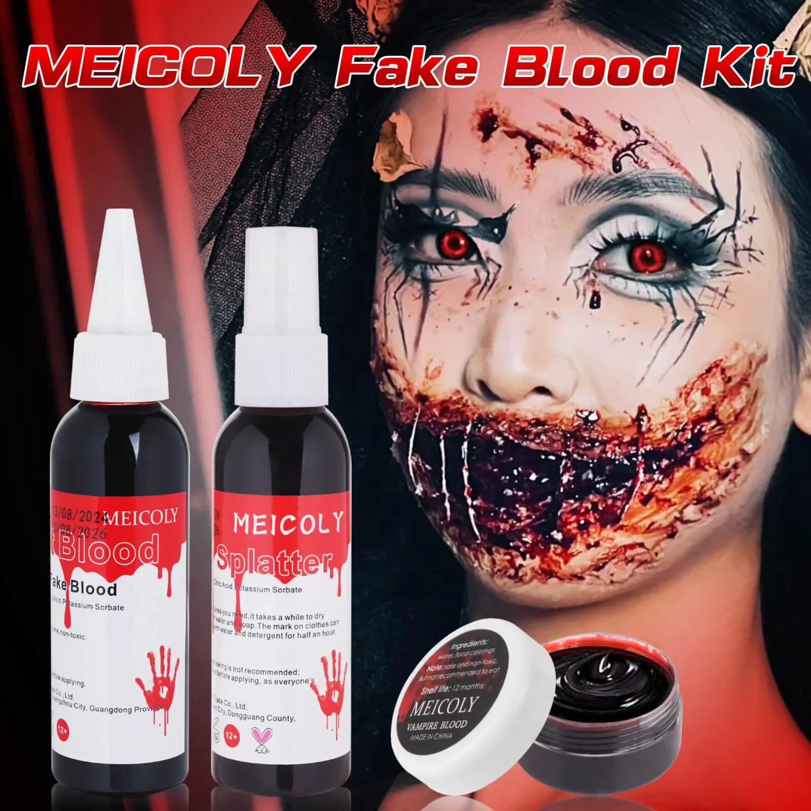 MEICOLY Fake Blood Kit with Sponge - Realistic SFX Makeup for Halloween Cosplay - view 3