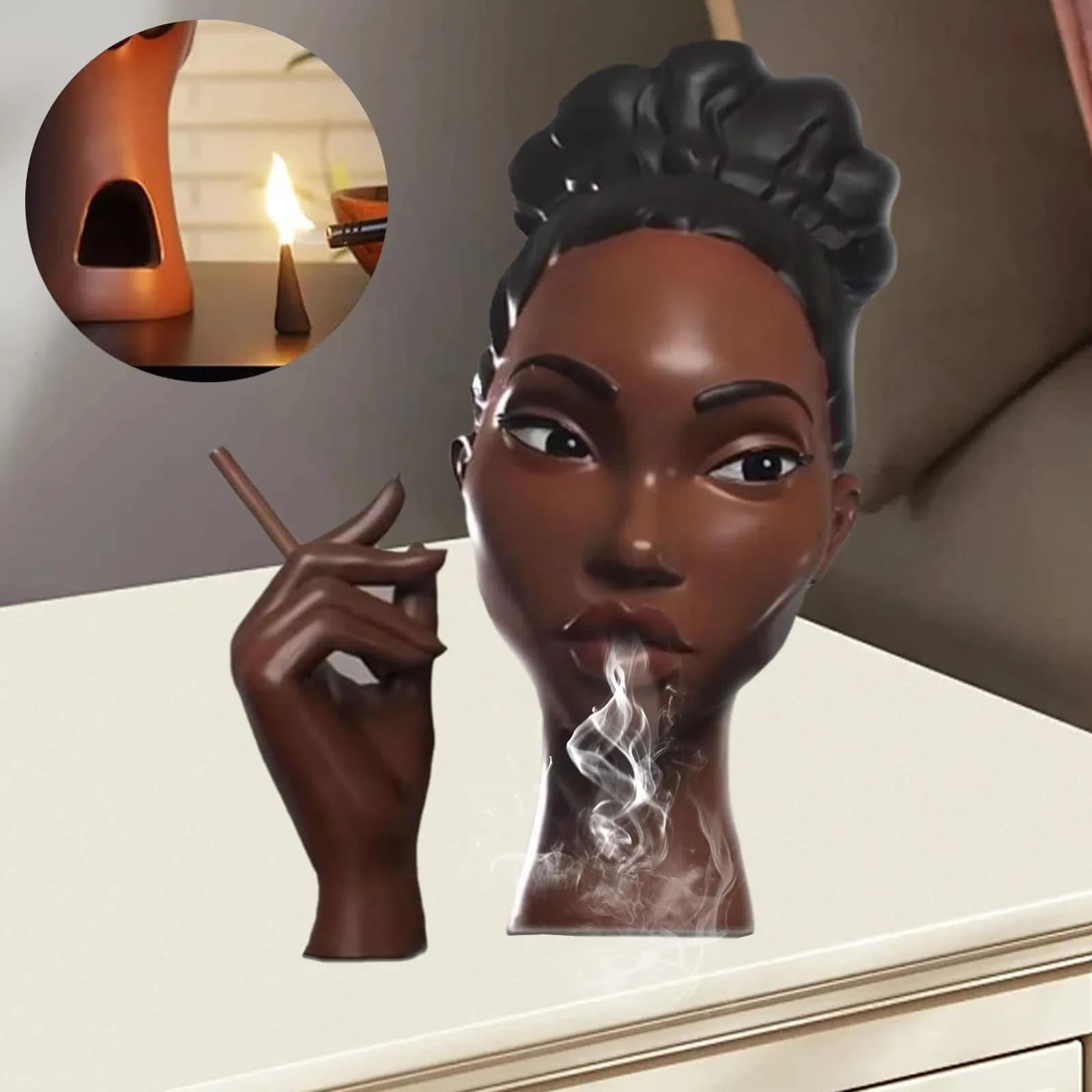 KLUSIET Head Incense Holder Black Women 25.4cm (10 inches) | Unique Resin Sculpture for Aromatherapy — B