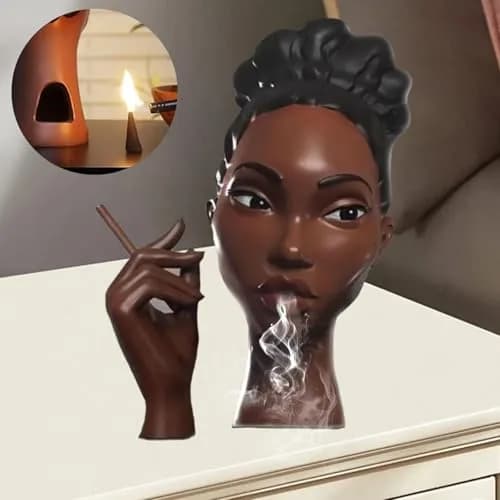 KLUSIET Head Incense Holder Black Women 25.4cm (10 inches) | Unique Resin Sculpture for Aromatherapy thumbnail 1