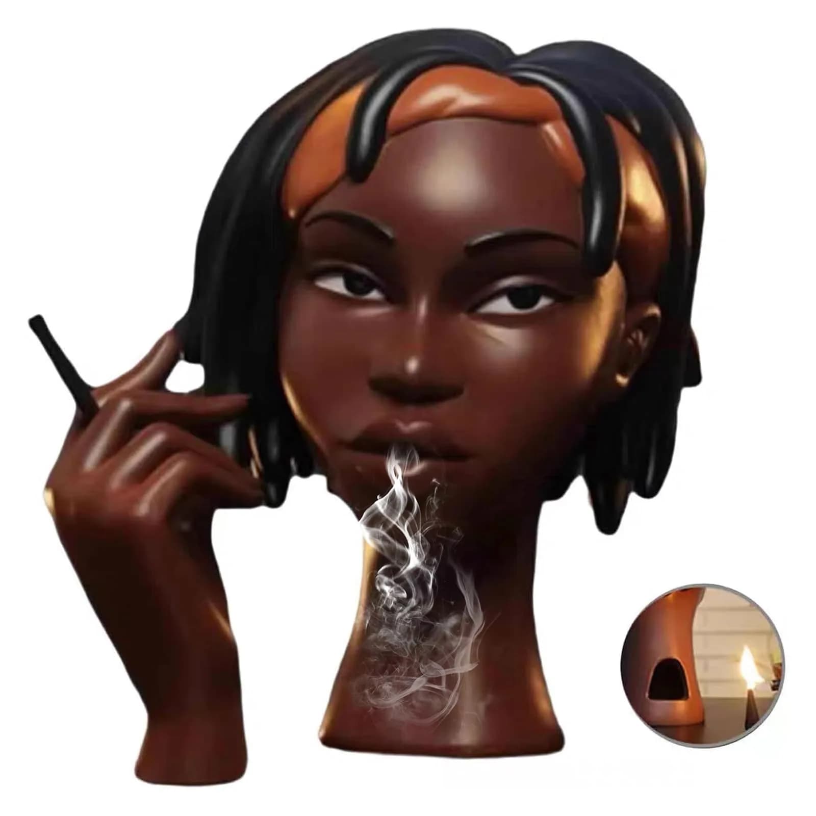 KLUSIET Head Incense Holder Black Women 24cm (9.4in) | Unique Resin Sculpture for Home Decor — C
