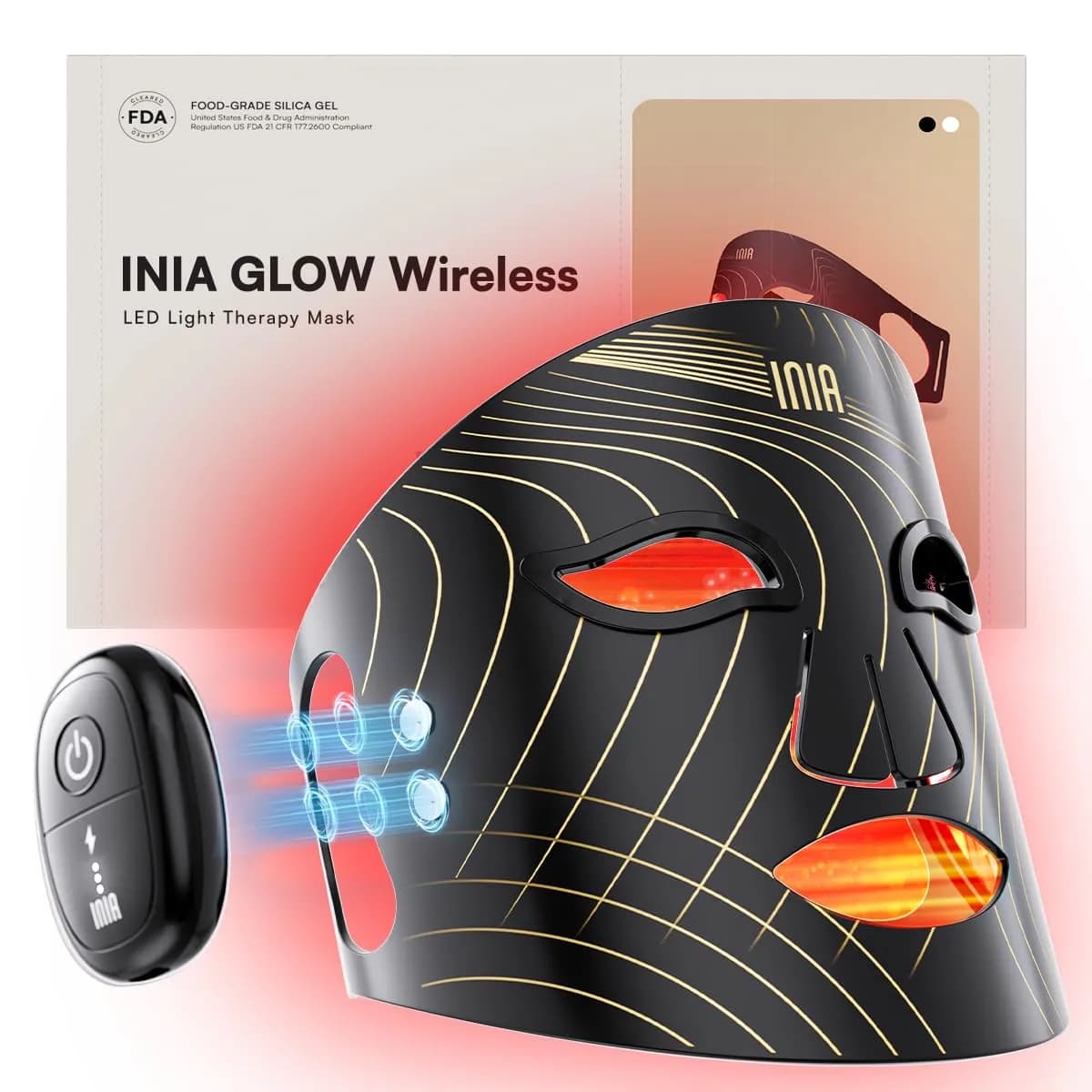INIA Glow Wireless Red Light Therapy Mask for Face, 850nm NIR, 272 LEDs | Rechargeable, Portable & Home-Travel — Black