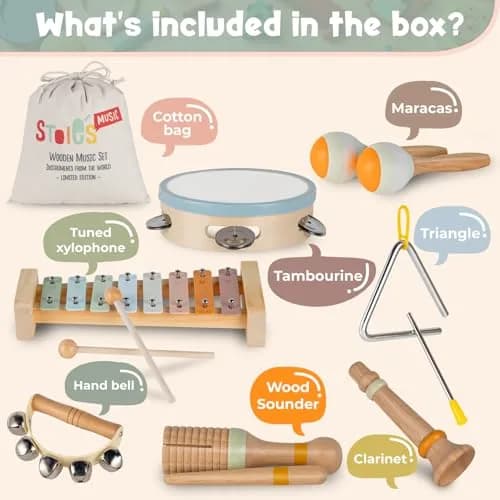 Stoie's Wooden Toddler Musical Instruments with Xylophone, Maracas, Triangle, Tamburine | Eco Friendly Montessori Toy for Kids 3-5 thumbnail 2