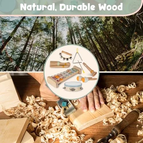 Stoie's Wooden Toddler Musical Instruments with Xylophone, Maracas, Triangle, Tamburine | Eco Friendly Montessori Toy for Kids 3-5 thumbnail 3