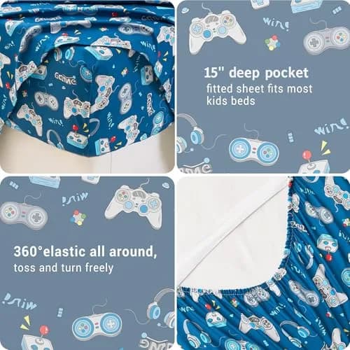 Softan Kids Full Size Bed Sheets, 4-Piece, Deep Pocket, Game Controller | Breathable Microfiber, Fun Design, 15" Deep Pocket thumbnail 4