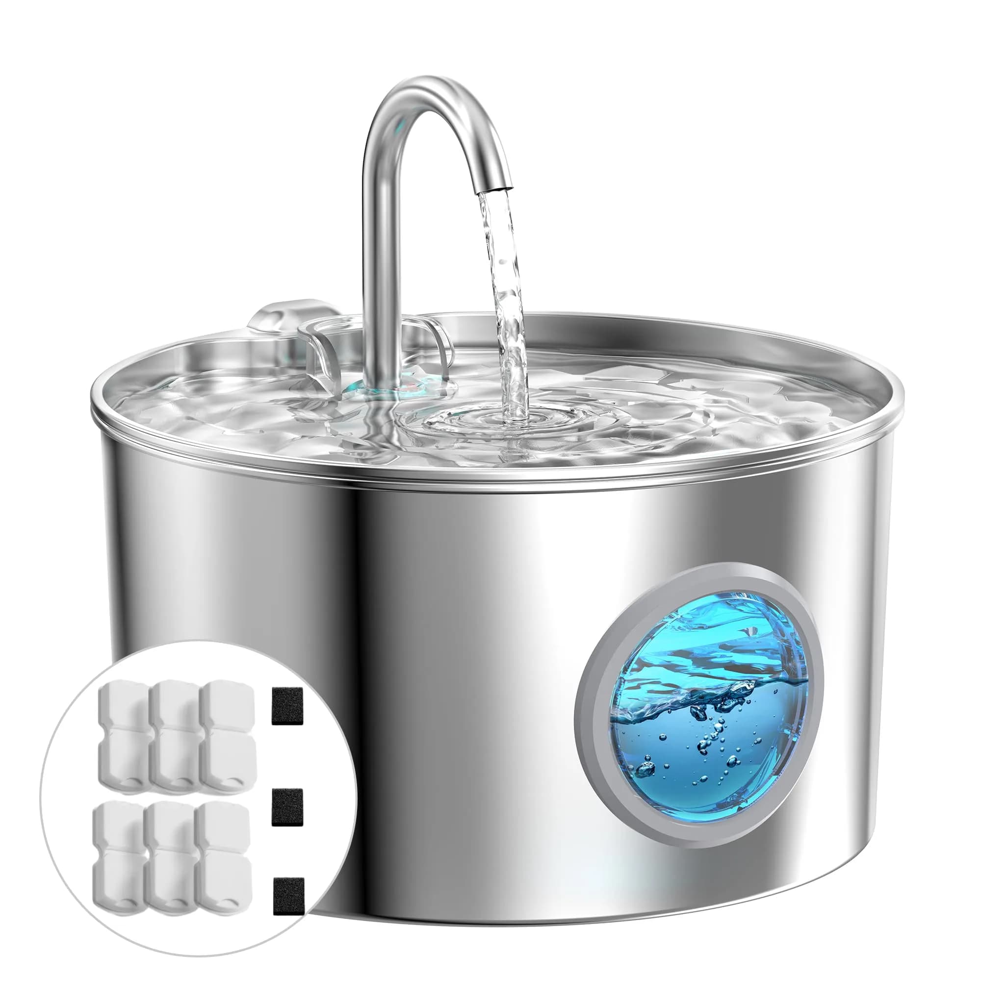GIOTOHUN Cat Water Fountain Stainless Steel 2.2L | Quiet, Durable & Easy to Clean — 74oz Fountain+6 Filters +3 Sponges