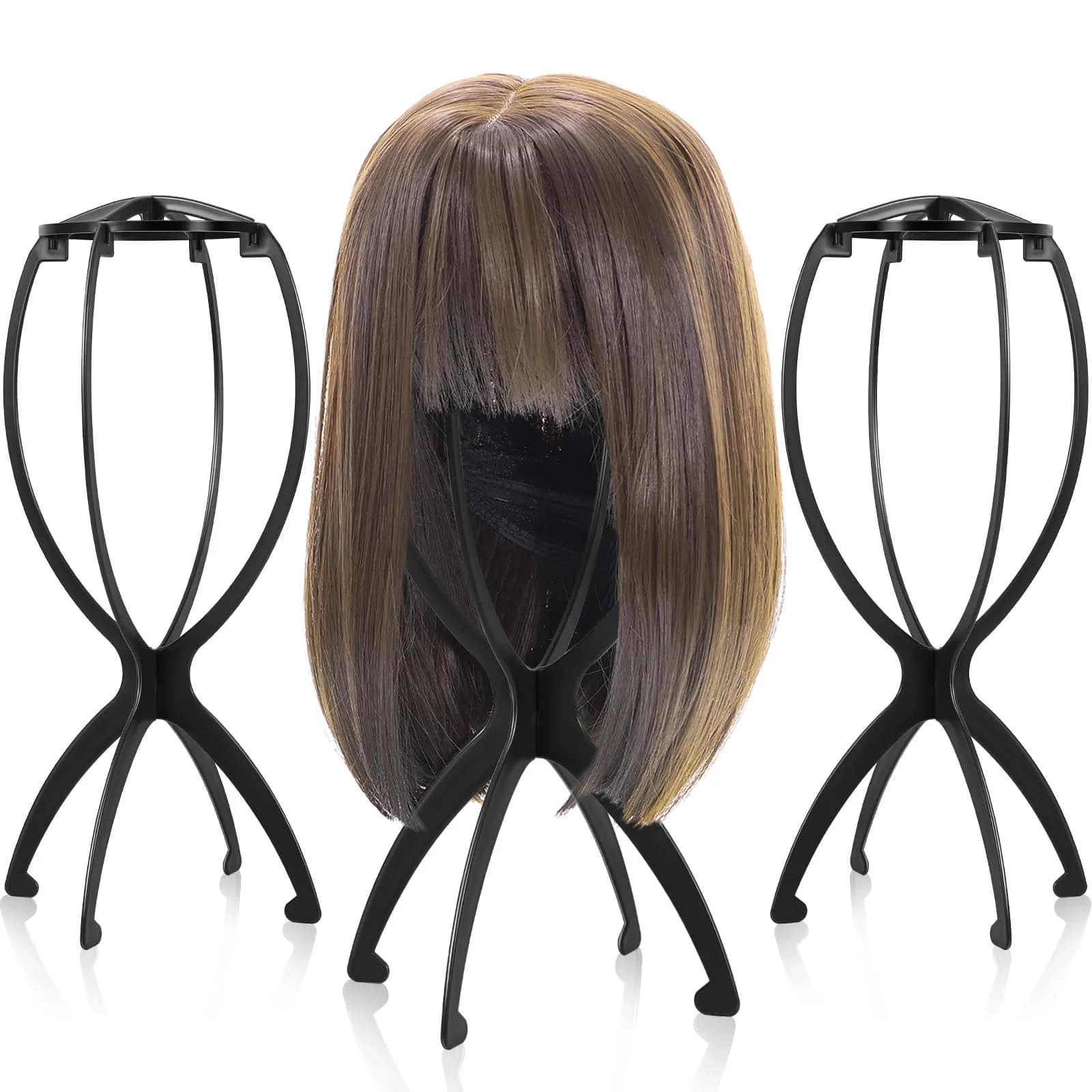 obeoby Wig Stand, Portable Foldable Wig Holder for Wigs (Black,3Pack) | Lightweight, Travel-Friendly, Maintains Wig Shape