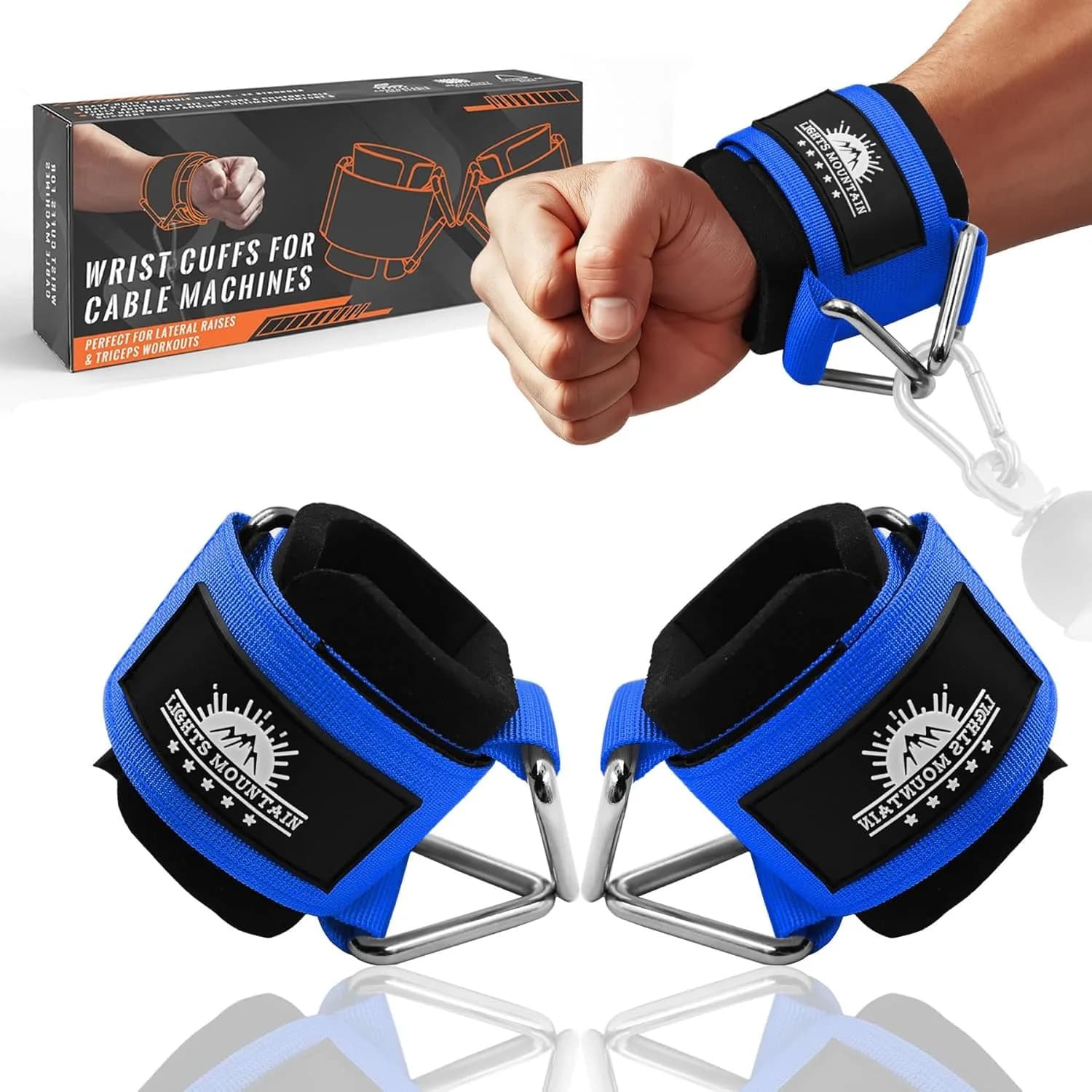 Lights Mountain Wrist Cuffs for Cable Machines – Padded & Adjustable Straps for Strength Training (Blue L) — Blue