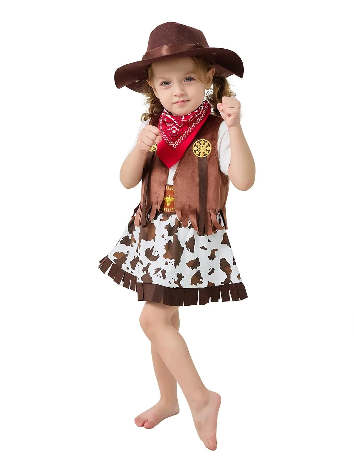 LXKIKMM Kids Western Cowgirl Costume Set 5-6 Years | Cowboy & Cowgirl Halloween Outfit — Brown With Red