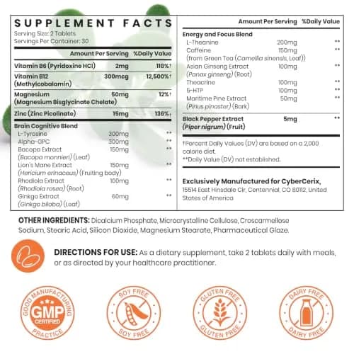CyberCerix 17-in-1 Brain Supplement for Memory & Focus | Natural Nootropic Tablets for Concentration, Clarity, Energy & Focus - 60 Tablets thumbnail 2
