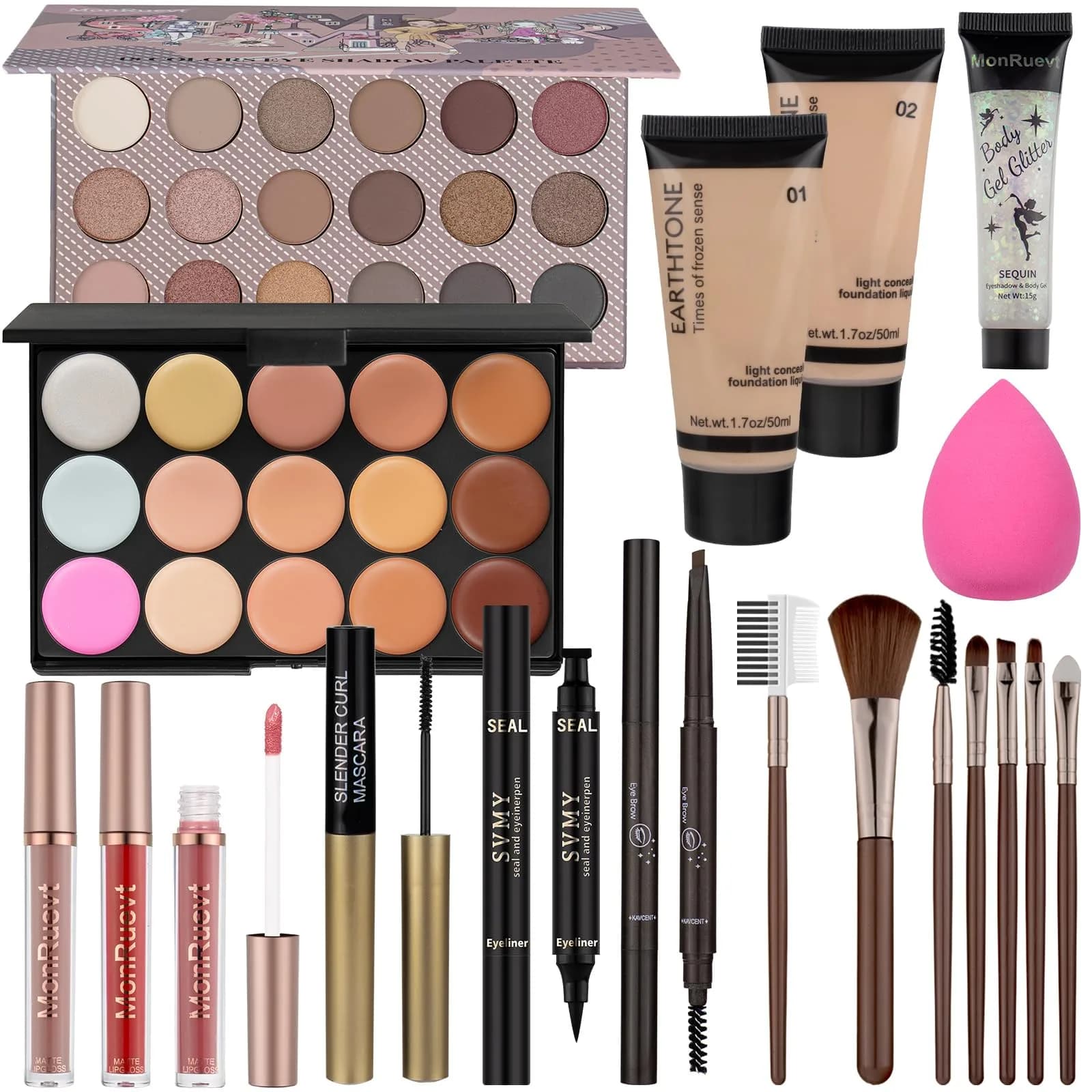 MONRUEVT All-in-One Makeup Kit for Women & Teens | 16-Piece Full Face Cosmetic Set with Brushes - main product image