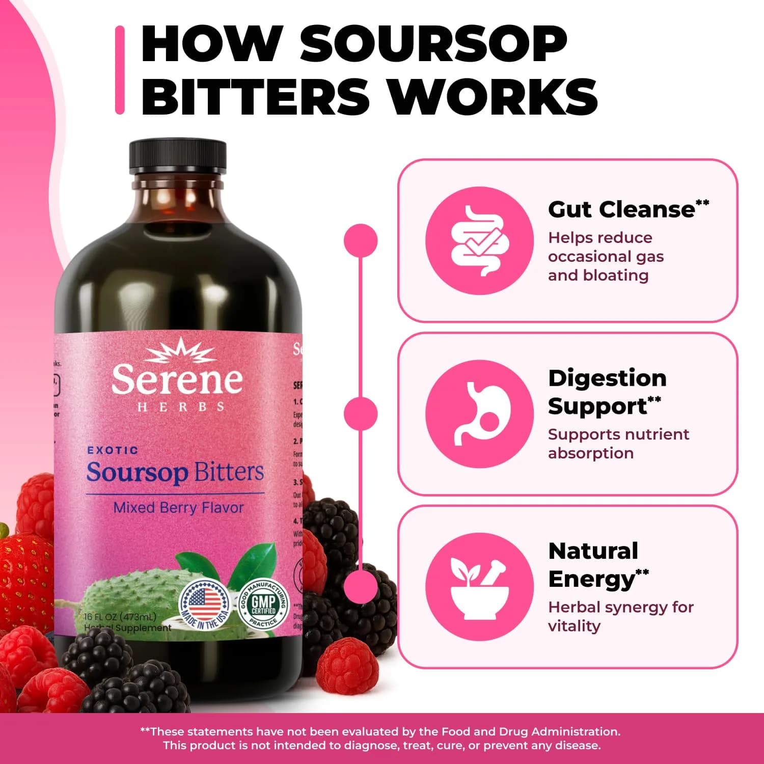 Serene Herbs Soursop Bitters Liquid in Mixed Berry Flavor, 475ml (16 Fl Oz) | Gut Cleanse & Detox - view 6