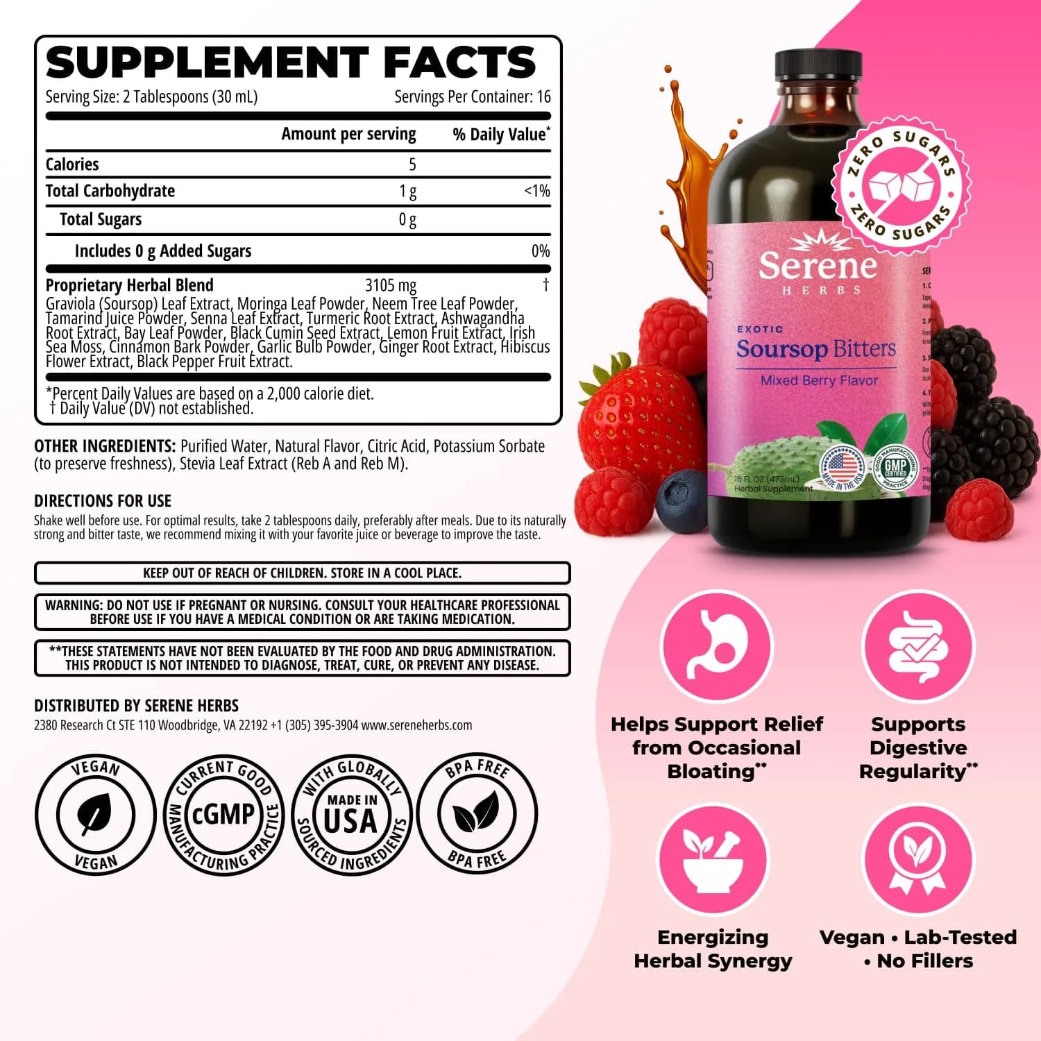 Serene Herbs Soursop Bitters Liquid in Mixed Berry Flavor, 475ml (16 Fl Oz) | Gut Cleanse & Detox - view 3