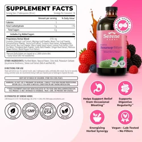 Serene Herbs Soursop Bitters Liquid 473ml (16 Fl Oz) | Supports Gut Cleanse & Immune Boost thumbnail 3