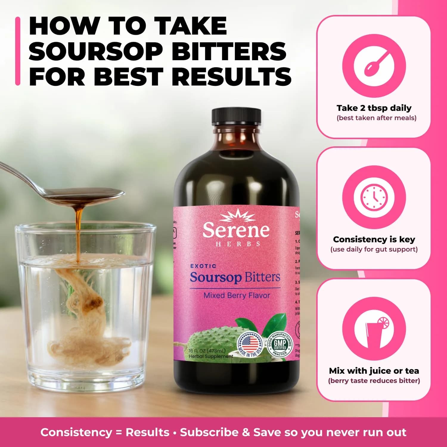Serene Herbs Soursop Bitters Liquid in Mixed Berry Flavor, 475ml (16 Fl Oz) | Gut Cleanse & Detox - view 4