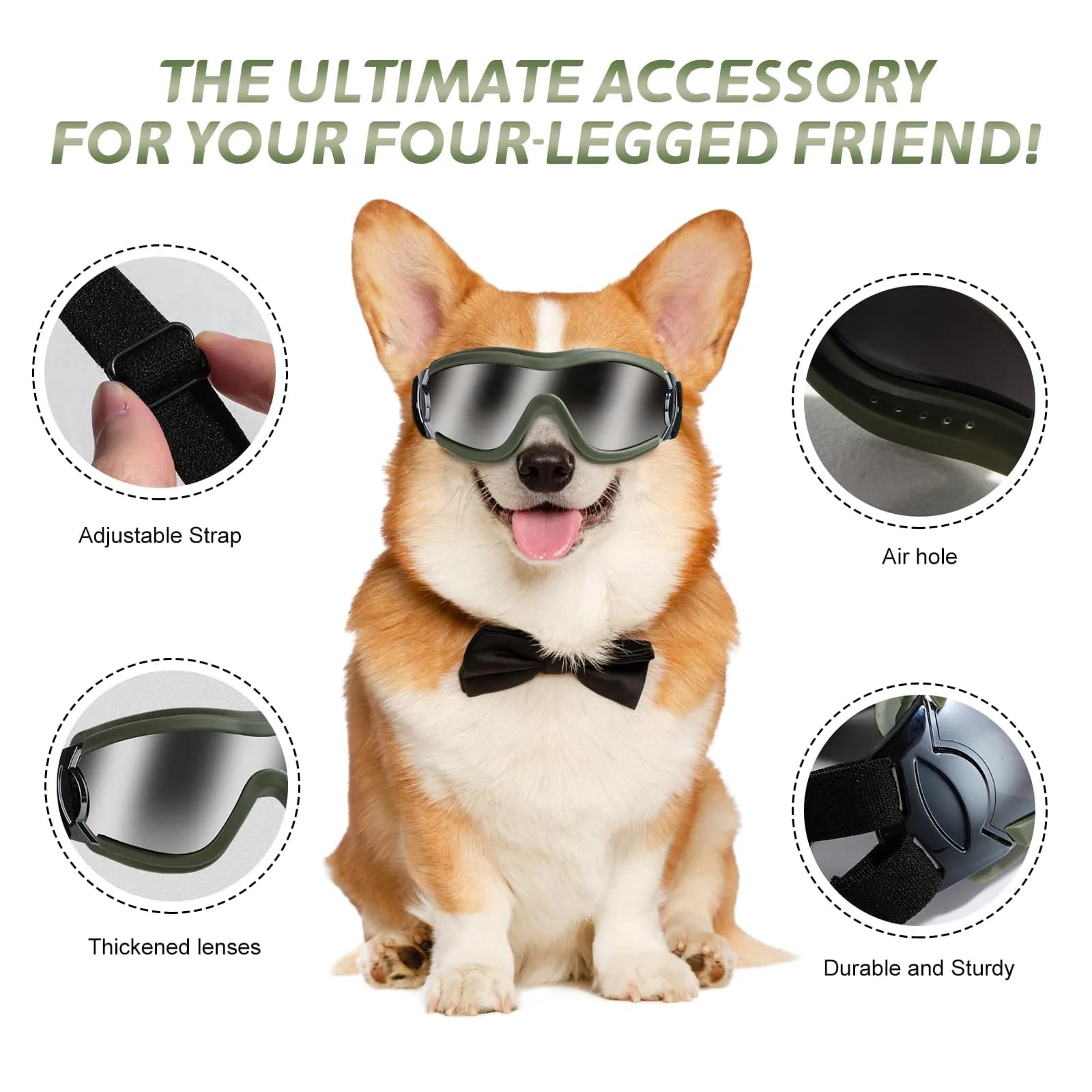 NVTED Dog Sunglasses Goggles for Medium to Large Dogs | UV Protection, Wind & Dust Shield (Green) - view 2
