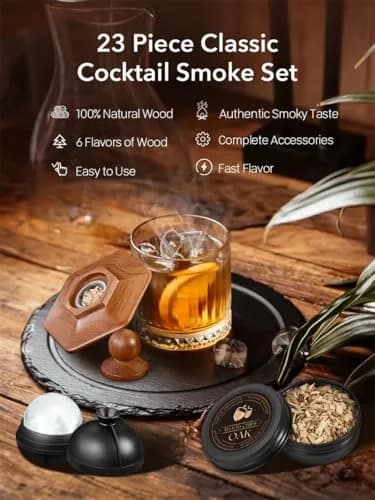 CAMKEY 23Pcs Whiskey Smoker Kit with Torch & 12 Wood Chips | Oak Wood Infuser Set thumbnail 2