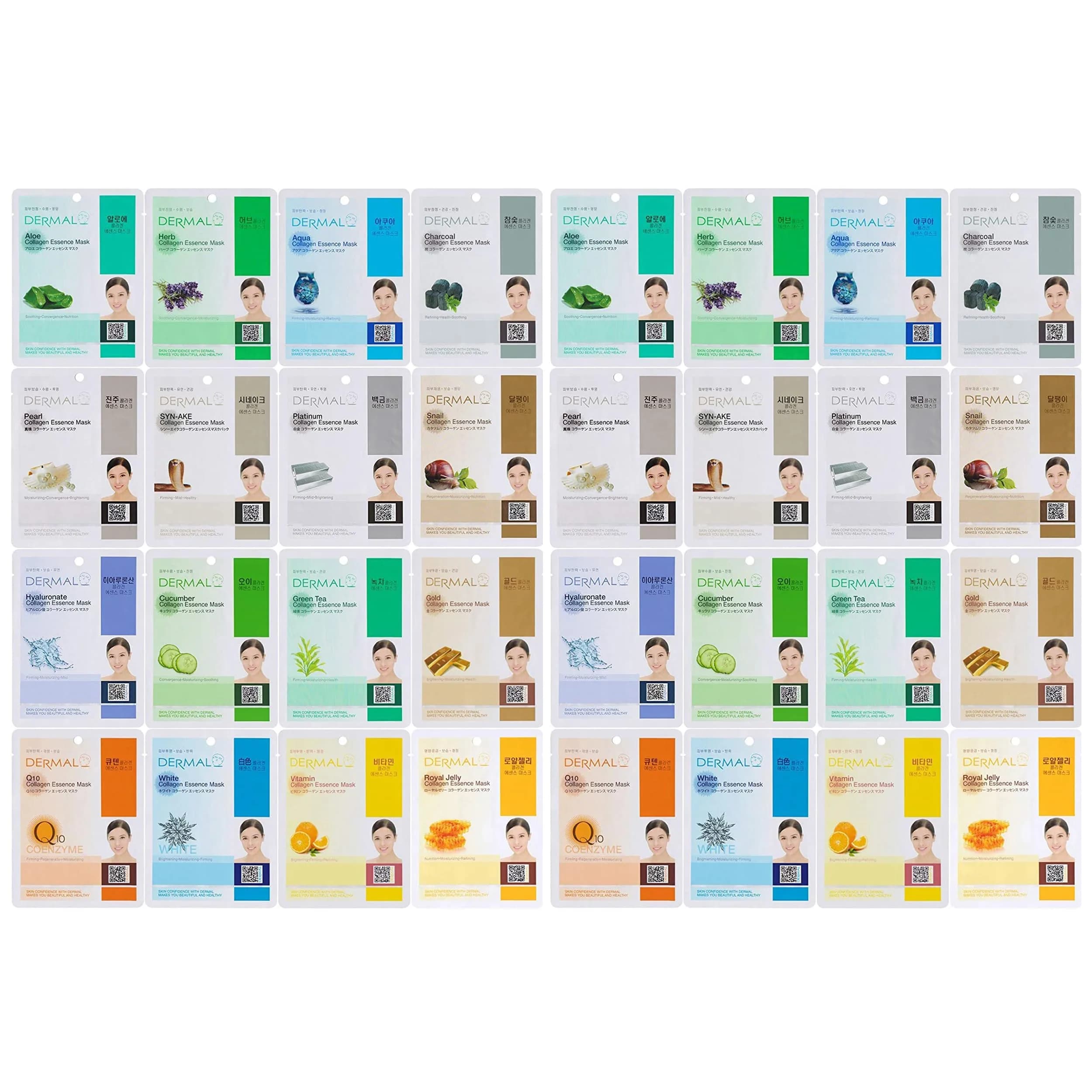 DERMAL 32 Combo Pack Korean Facial Sheet Masks | Hydrating, Brightening, Elasticizing for All Skin Types — Set 32 Colors