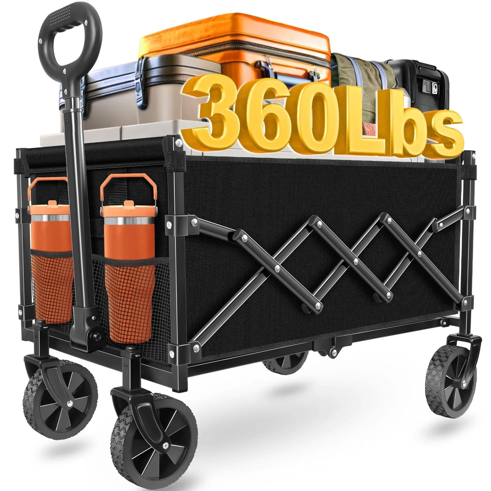 LIAPOTT Wagons Carts Foldable, 360lbs Collapsible Wagon with Wheels | Portable Garden & Camping Cart — Orange
