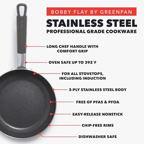 GreenPan x Bobby Flay Stainless Steel 8” & 10” Frying Pan Set | Professional Tri-Ply, PFAS-Free Ceramic Nonstick, Induction & Oven Safe thumbnail 2