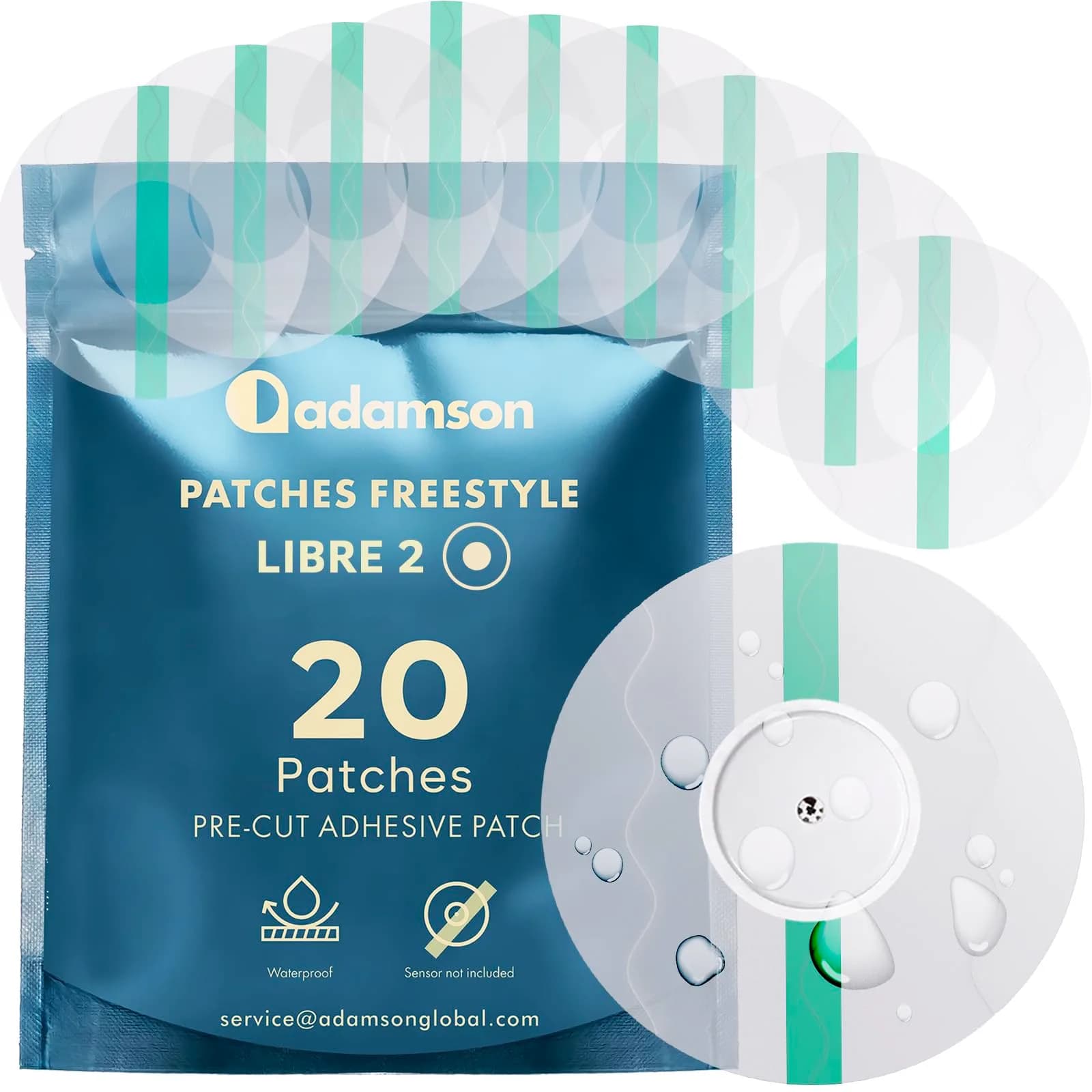 Adamson Freestyle Libre 2 Waterproof Sensor Cover 20 Pack | No Glue, Skin-Friendly, Discreet & Durable