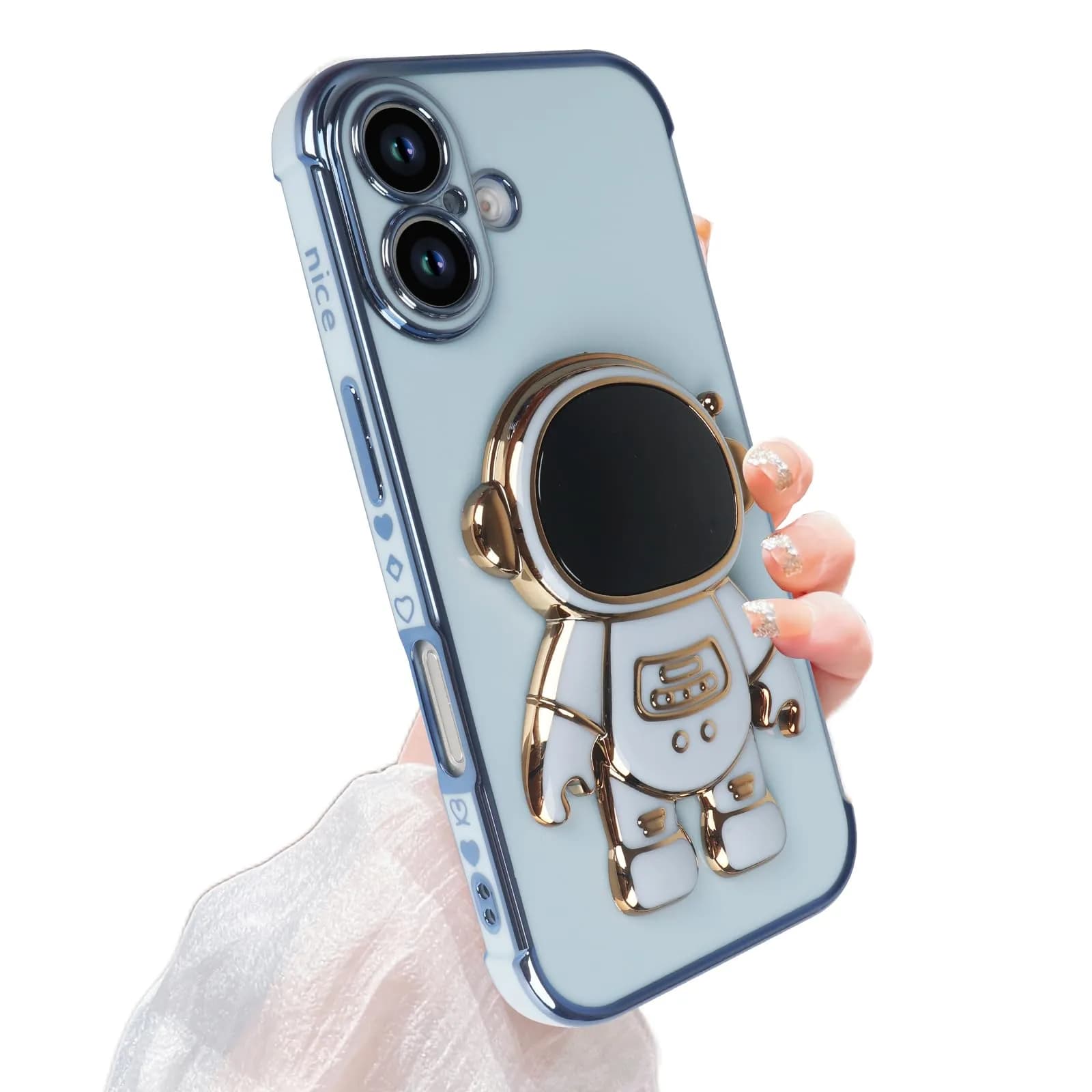 Omio iPhone 16 Pro Max Case with Astronaut Stand | Love Heart Design Slim TPU Cover White — Blue / iPhone 16