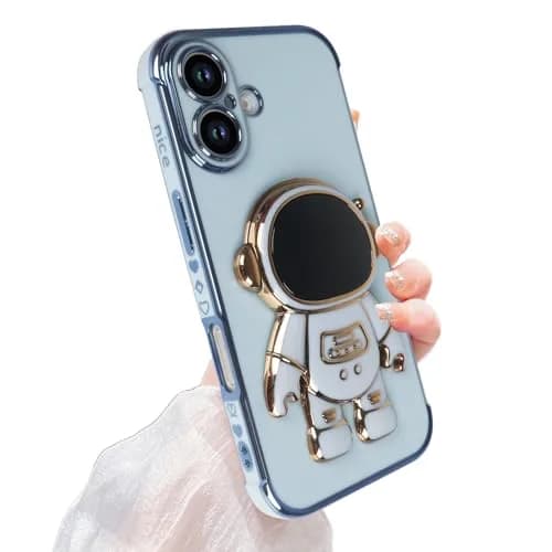 Omio iPhone 16 Case with Astronaut Stand & Love Heart Pattern | Slim Soft TPU Cover Blue thumbnail 1