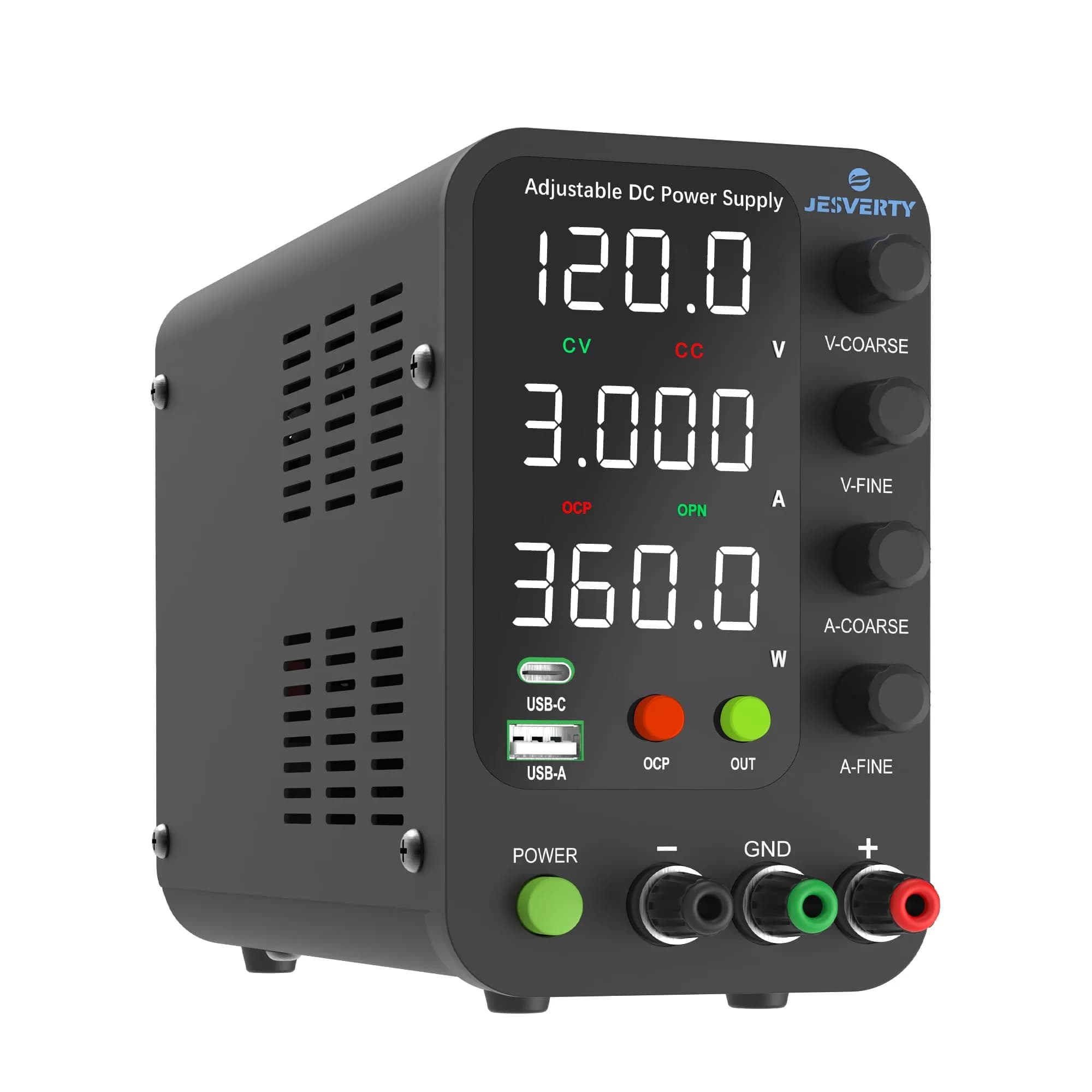 Jesverty SPS-12003V Variable DC Power Supply 0-120V 0-3A | 20W USB-C Quick-Charge, Encoder Knob, 4-Digit LED Display — Upgraded