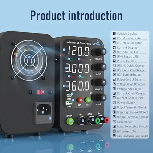 Jesverty SPS-12003V Variable DC Power Supply 0-120V 0-3A | 20W USB-C Quick-Charge, Encoder Knob, 4-Digit LED Display thumbnail 4