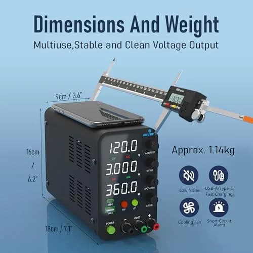 Jesverty SPS-12003V Variable DC Power Supply 0-120V 0-3A | 20W USB-C Quick-Charge, Encoder Knob, 4-Digit LED Display thumbnail 5