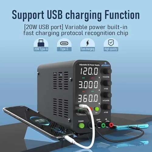 Jesverty SPS-12003V Variable DC Power Supply 0-120V 0-3A | 20W USB-C Quick-Charge, Encoder Knob, 4-Digit LED Display thumbnail 2