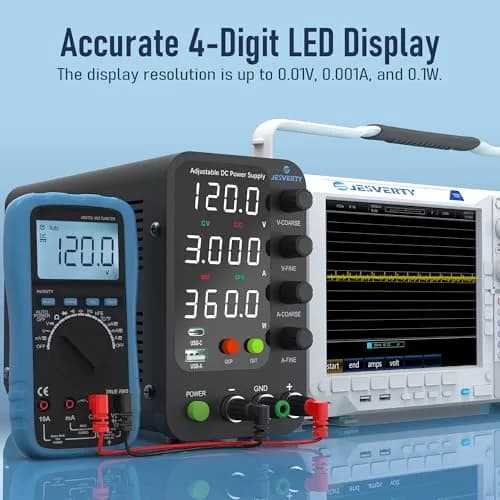 Jesverty SPS-12003V Variable DC Power Supply 0-120V 0-3A | 20W USB-C Quick-Charge, Encoder Knob, 4-Digit LED Display thumbnail 3