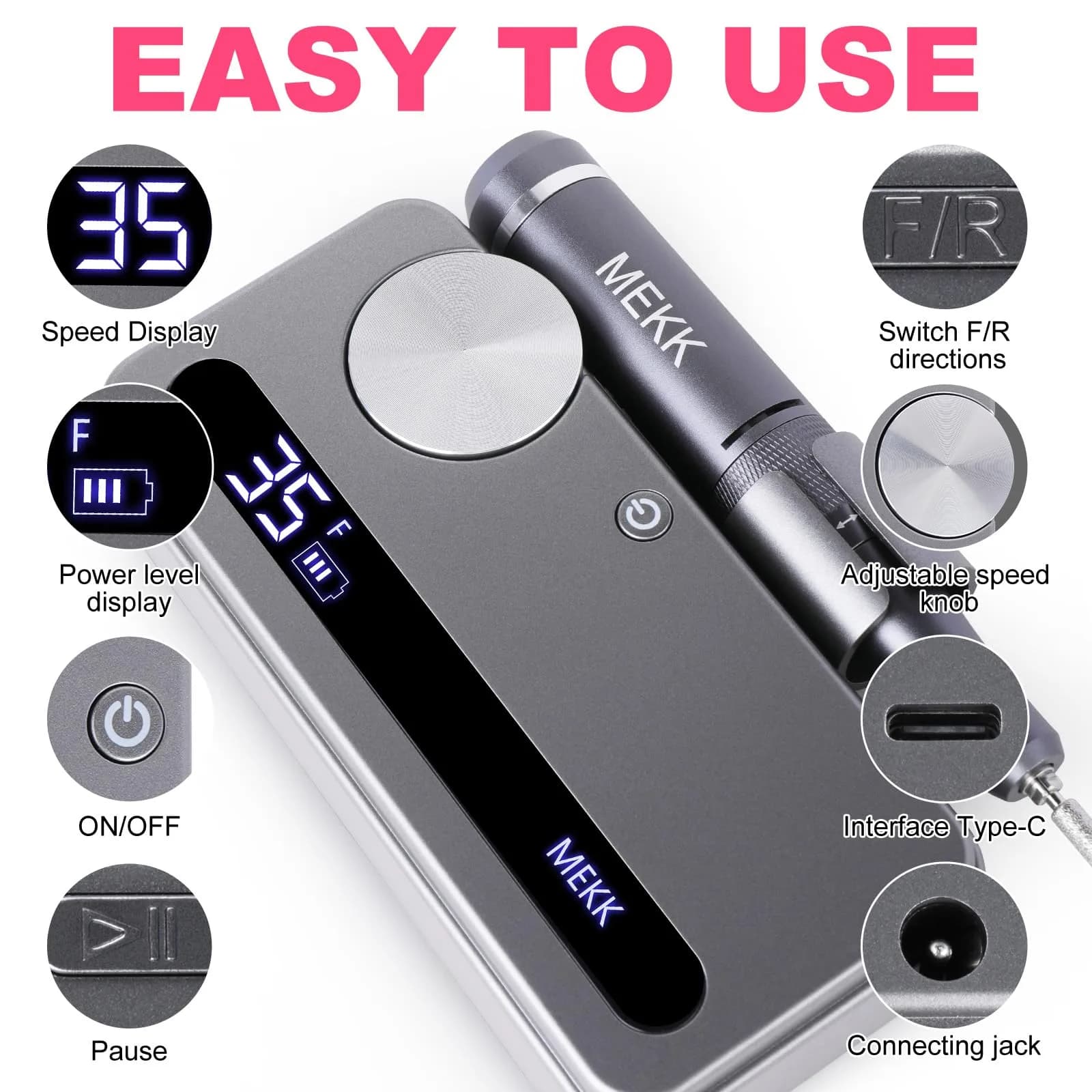 MEKK Cordless Nail Drill Kit 35000RPM with LCD Display & 12 Bits | Professional Electric Nail File for Home & Salon thumbnail 5